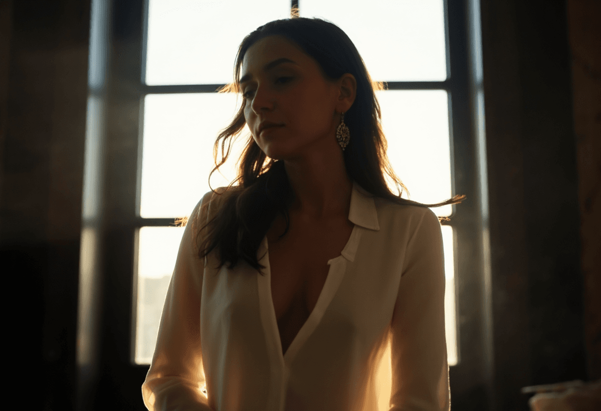 AI generated: cinematic image with dark shadows and high contrast, A photorealistic portrait of a fit 30yo woman s...