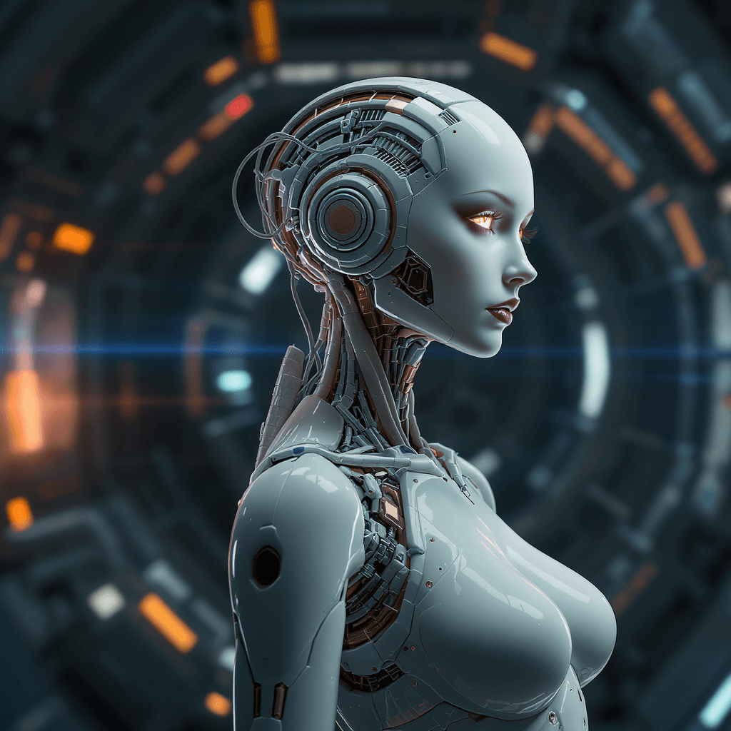 AI generated: medium long shot photo, gorgeous woman, porcelain robot body, beautiful android face, head with wire...