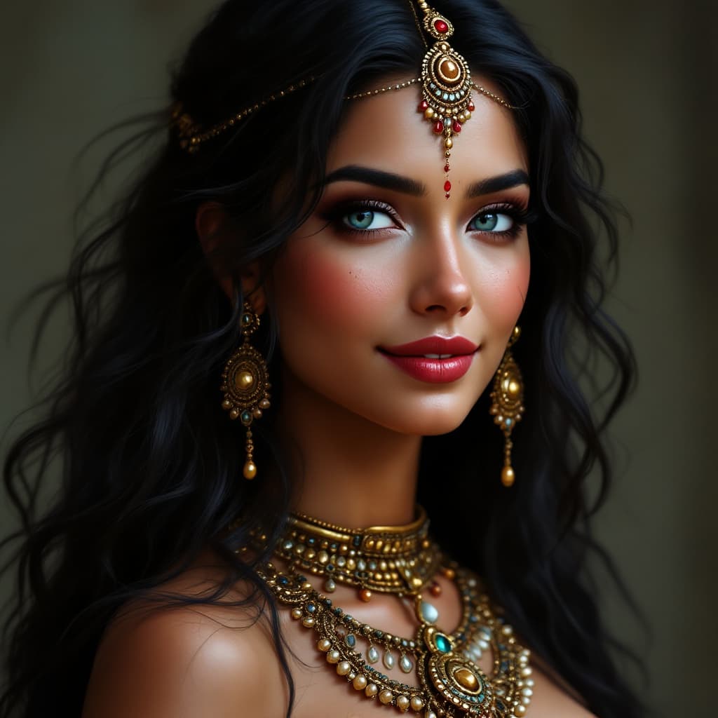 AI generated: create a ancient Indian princess female age 35 , full bottle neck figure , big chest , red lips , fa...