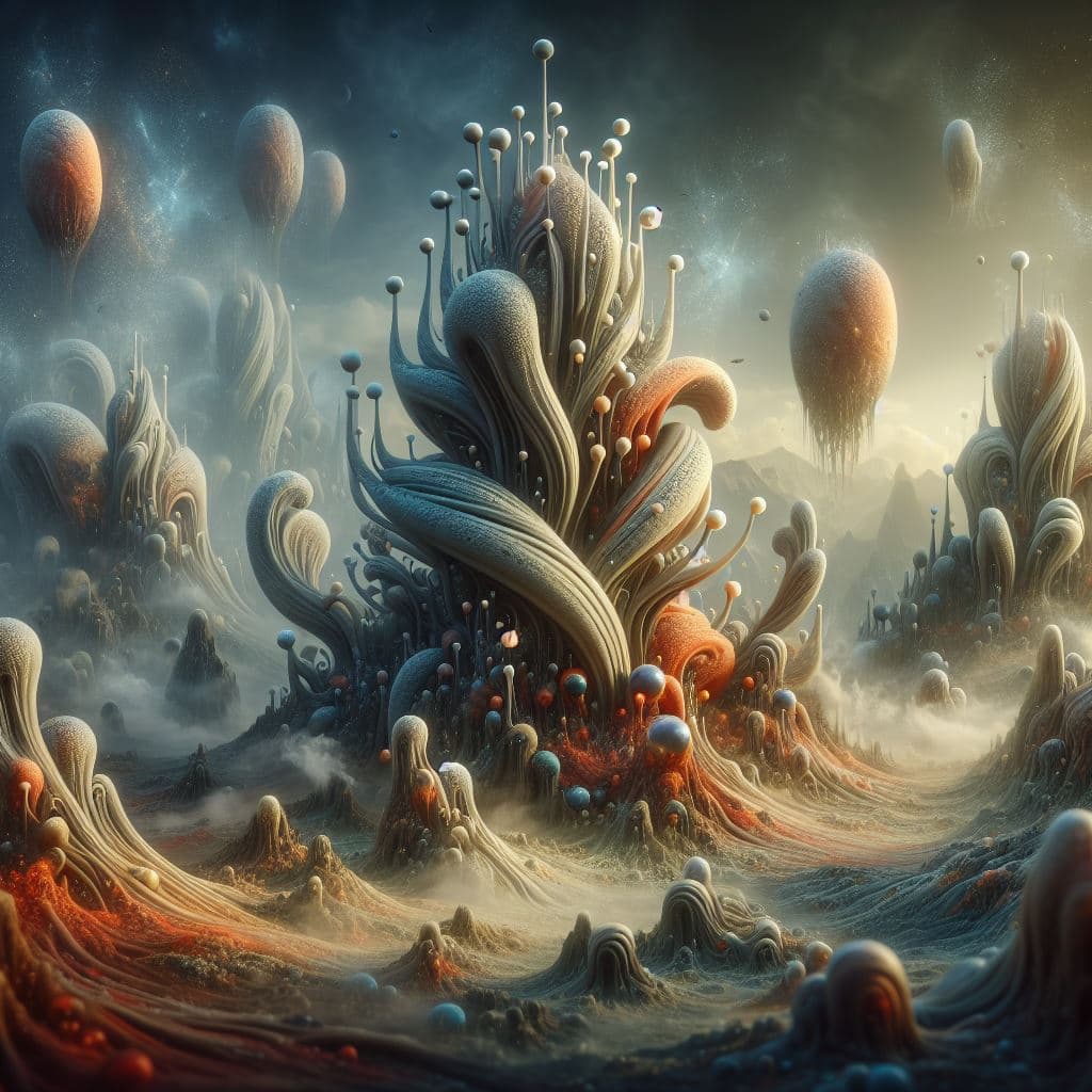 AI generated: surreal fantasy alien waterworld scene, biomorphic alien life forms, underwater liquid ecosystem, im...