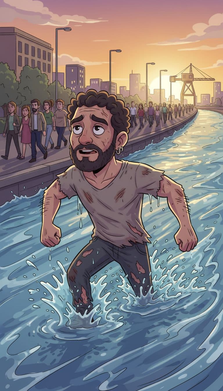 AI generated: Dame una imagen con en semi-realistic cartoon style. Dame al tipo de la foto corriendo en la direcci...