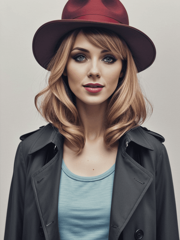 AI generated: detailed pencil drawing of a beautiful willowy blond young woman,busty,woman's trench coat,fedora,fu...