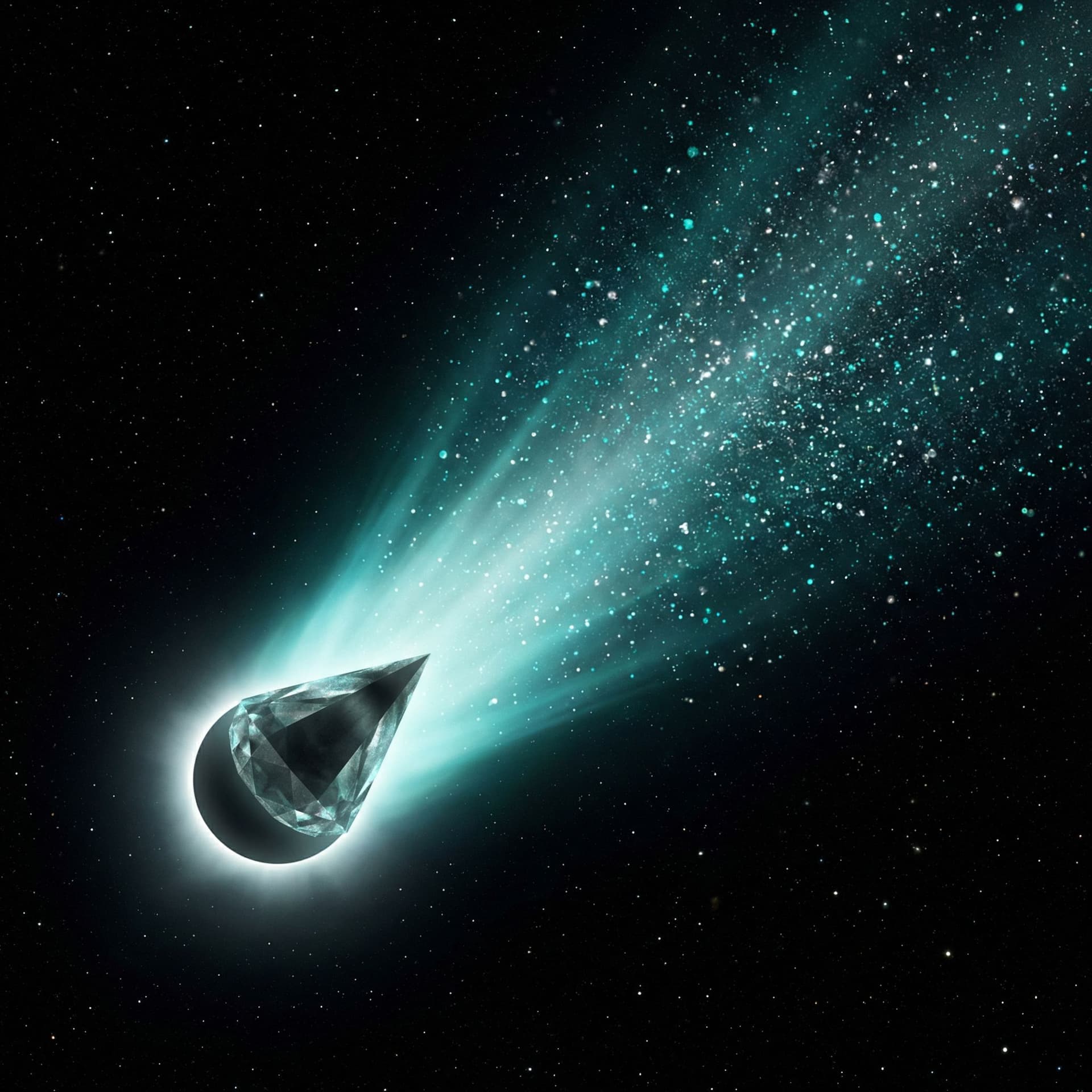 AI generated: a diamond comet that looks like an eclipse with a long Teal tail with teal and silver sparkles sprin...