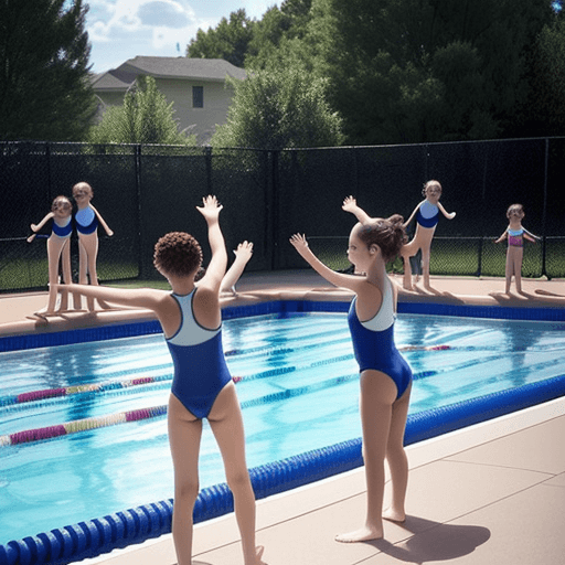 AI generated: Photograph of beautiful preteens chatting as a team and friendly, at the pool, stretching 