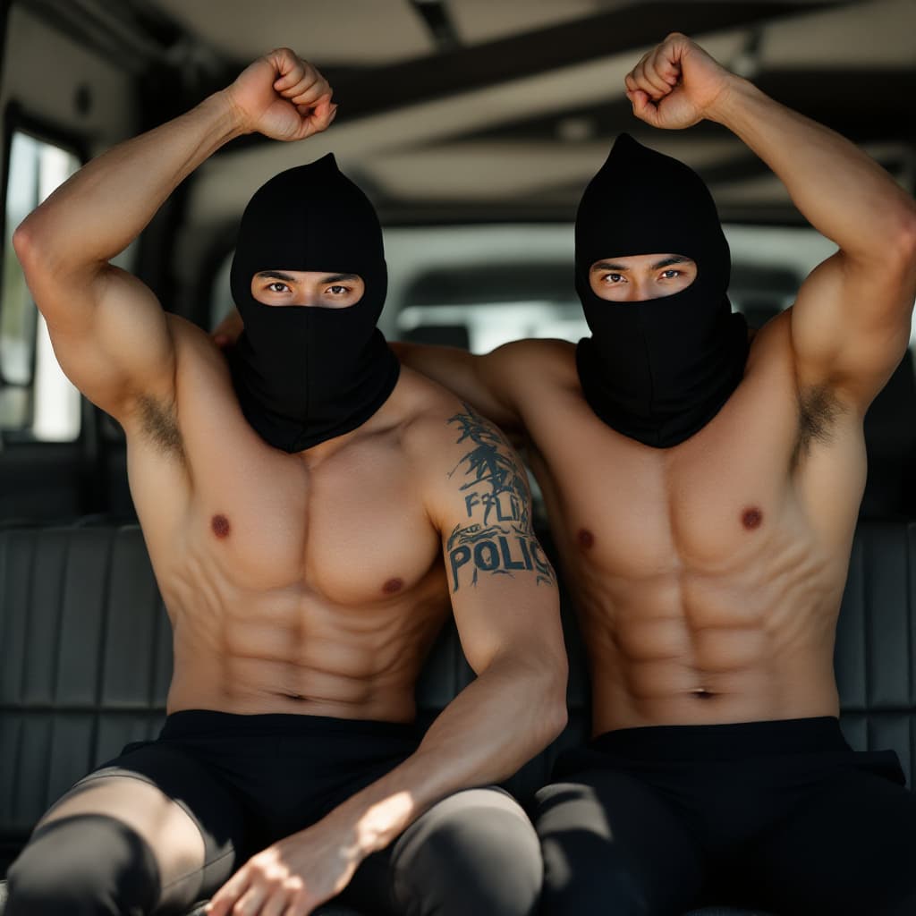 AI generated: Two male Asian born Taiwanese strong athletes wearing compression jammer sitting at the back of a po...