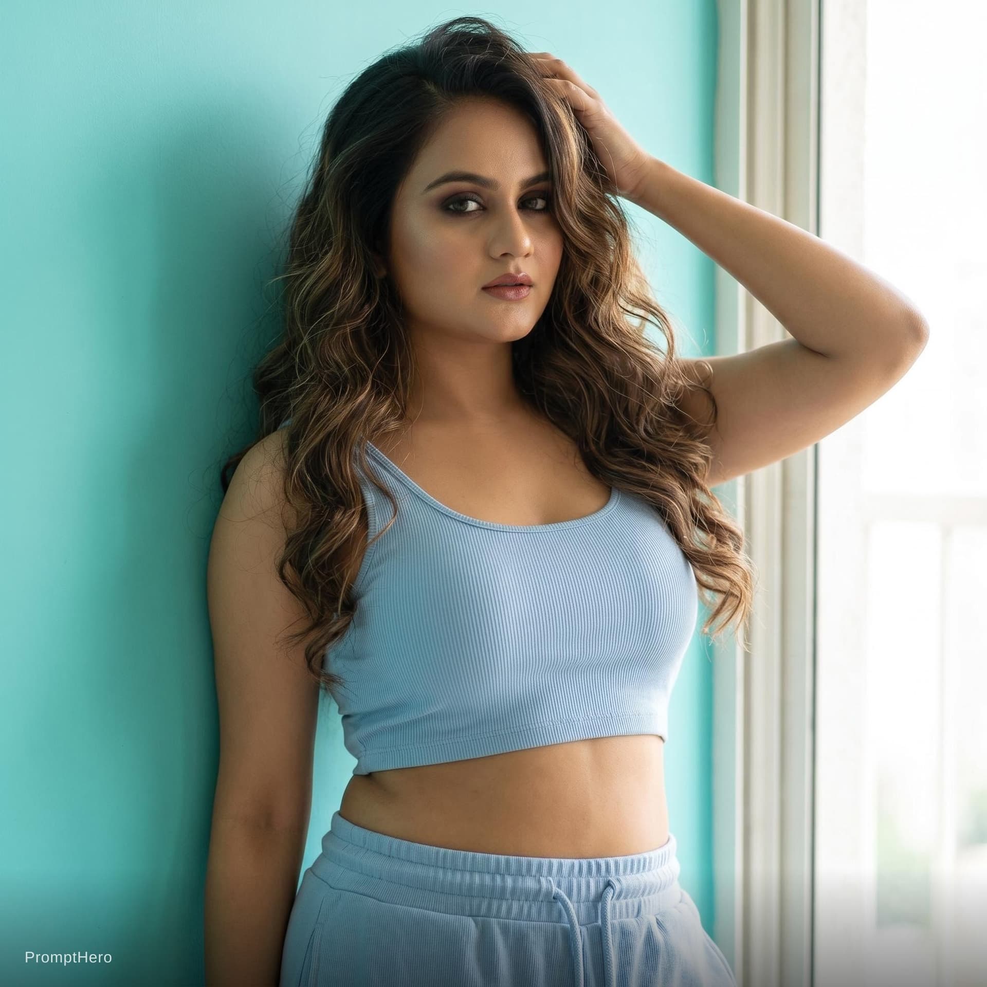 AI generated: Beautiful Indian woman with long wavy brown hair, wearing light blue ribbed crop top and light blue ...