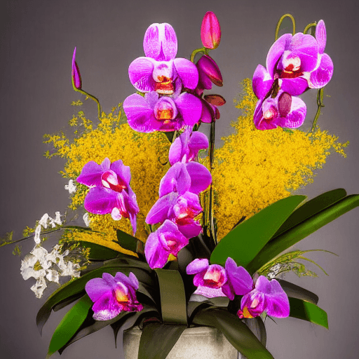 AI generated: wide angle photograph of a large and bountiful orchid and wild blossoms arrangement being displayed:...