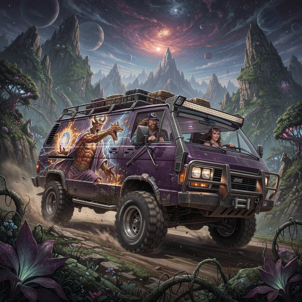AI generated: A brutally epic lifted 1970s American-made 4x4 overlanding van charges through alien mountain terrai...