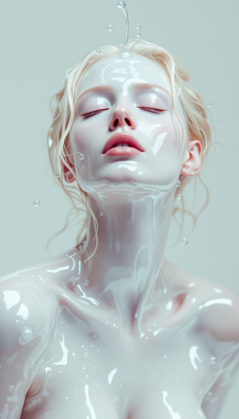 AI generated: a stylized artistic 3/4, waist up, body representation of a woman with pale skin, light blonde hair,...