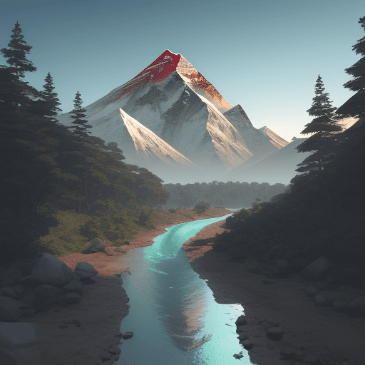 AI generated: An everest mount illustration, flat vector ladscape, forest background, river in frontgroung, unreal...