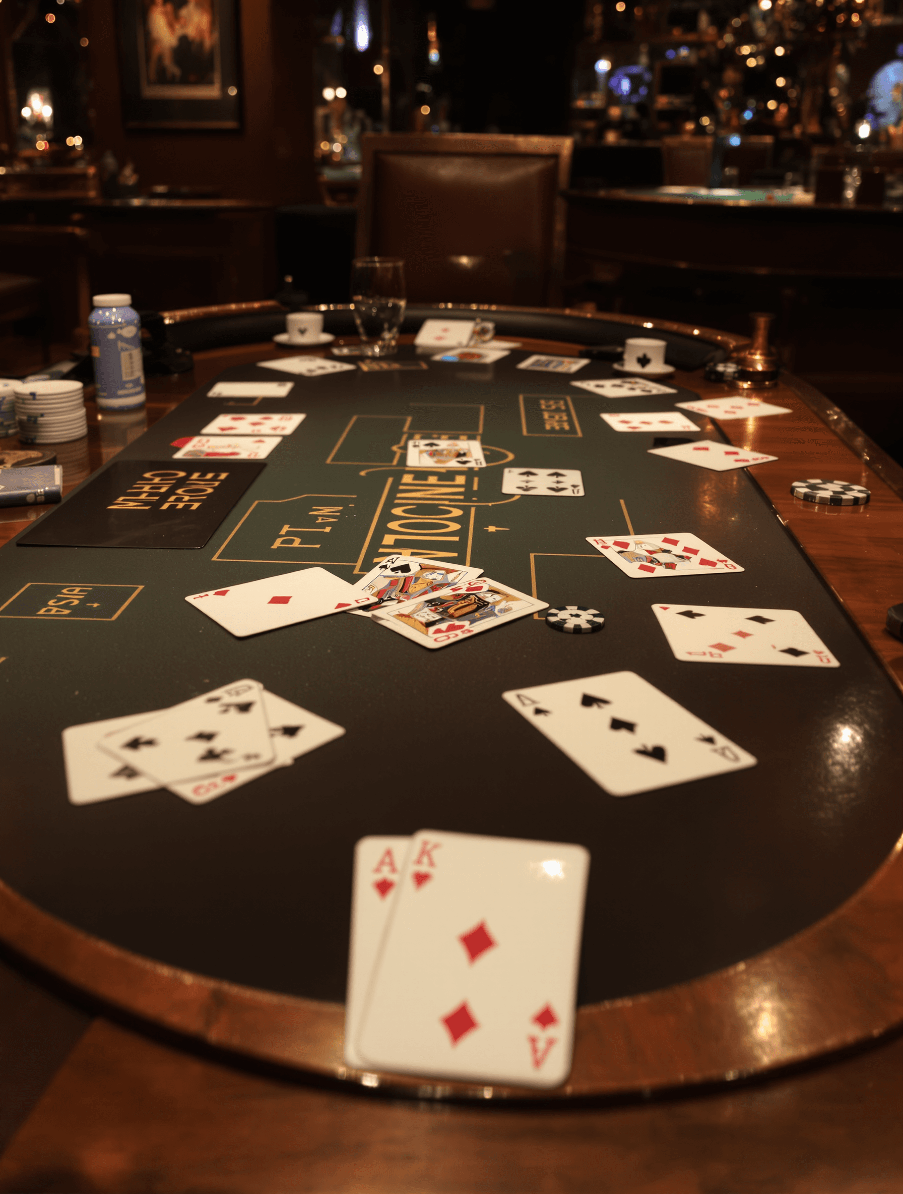 AI generated: A high-resolution photograph of an elegant poker card table set up for a game night, featuring vinta...