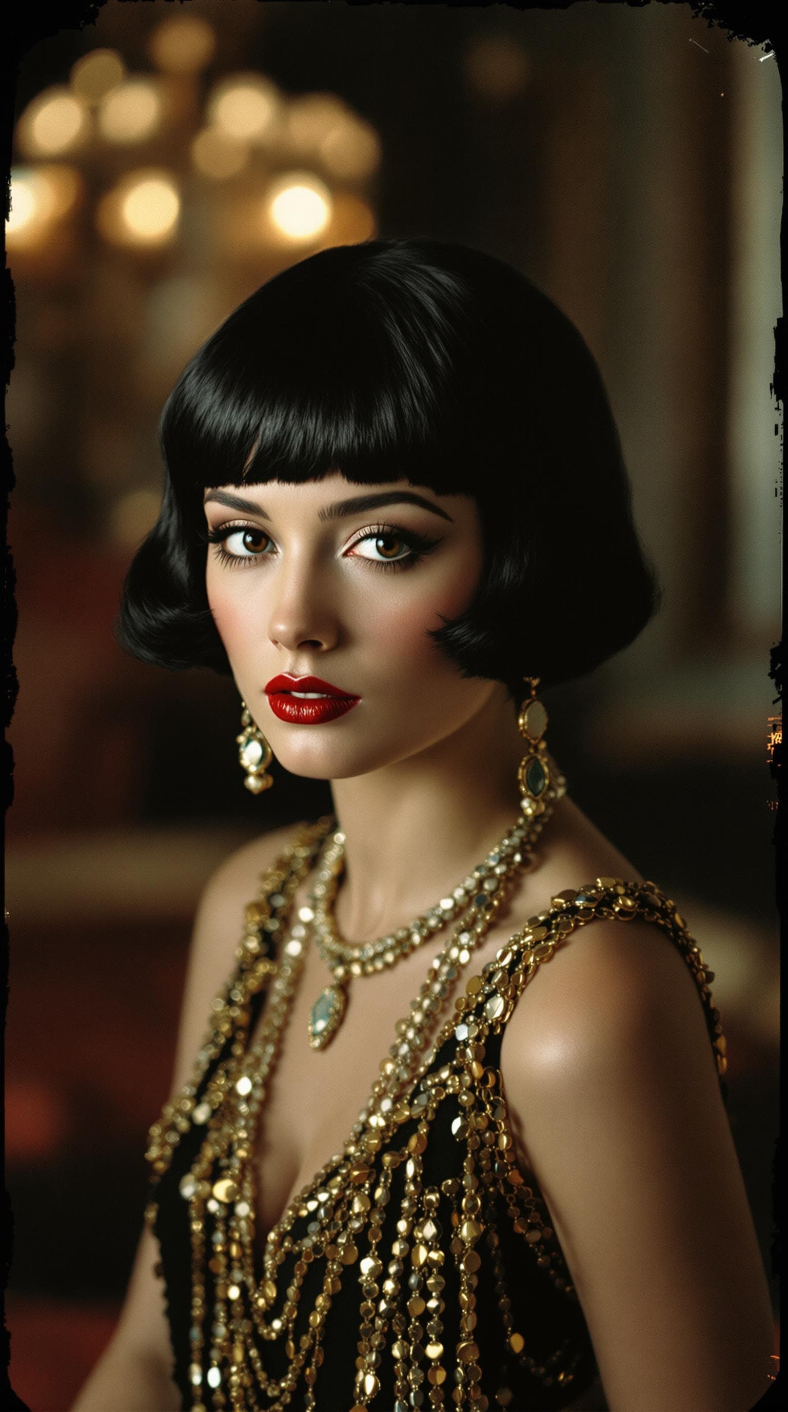 AI generated: analog color film photograph of a 1920s flapper girl, luxurious, opulence, short black hair, red lip...