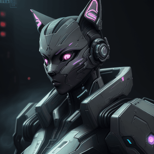 AI generated: dreamlikeart, digital art, digital painting, anime, futuristic military cyborg, cyberpunk, cat, warf...