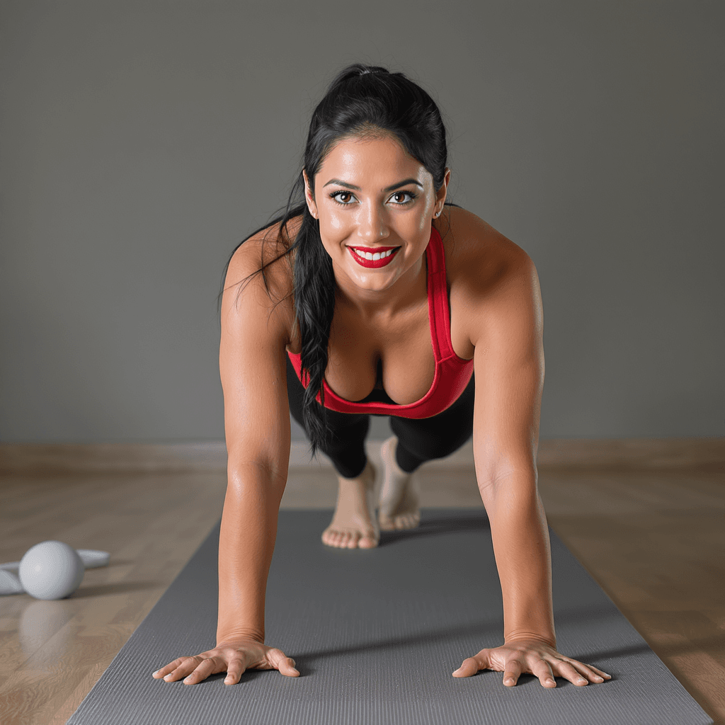 AI generated: European female, long black hair in a low ponytail, big mammeries, black yoga pants  red sports bra,...