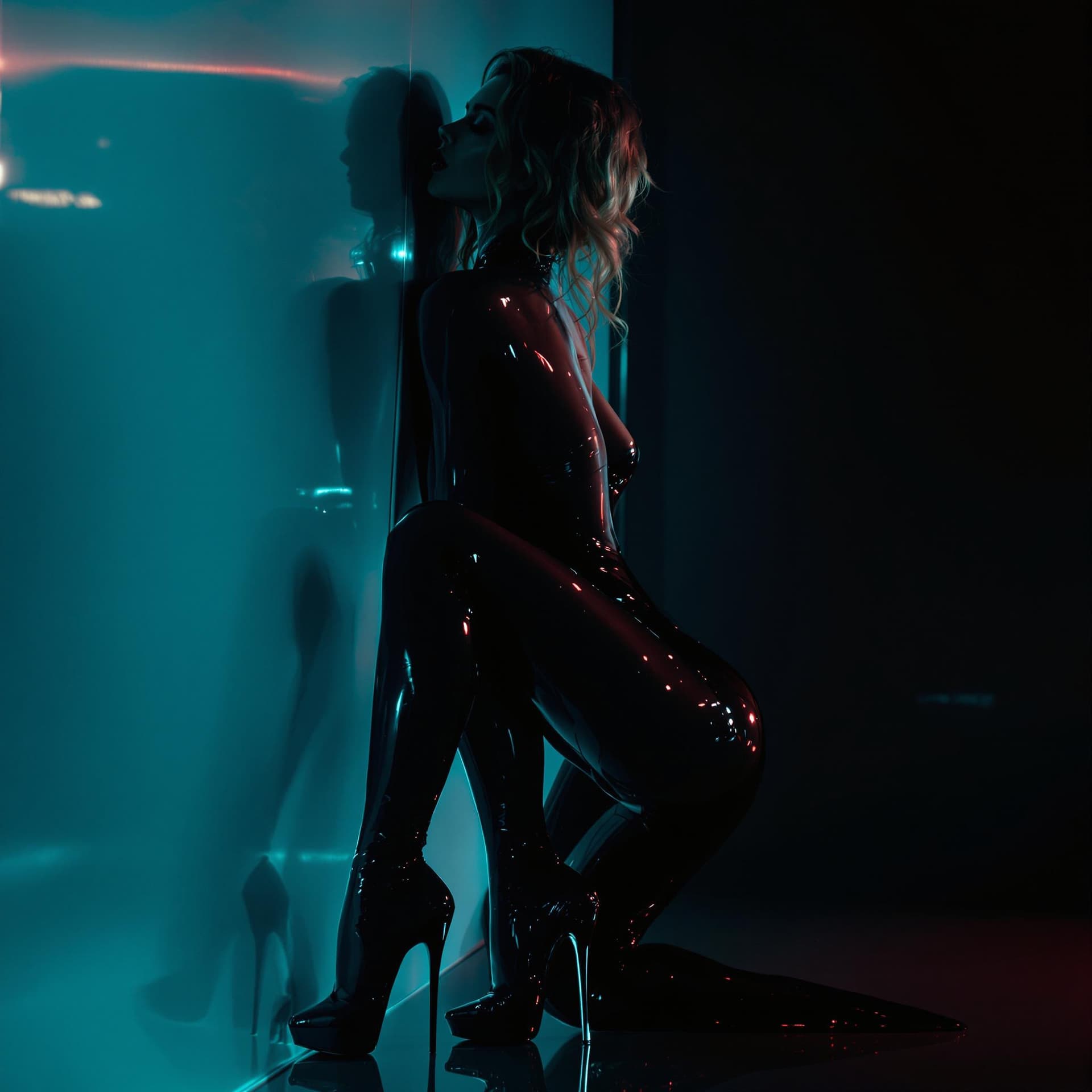 AI generated: intimate model in a full body black transparent latex dress with extremely high heels, full body