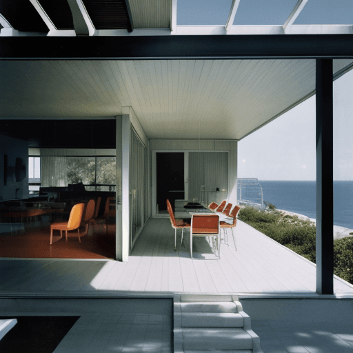 AI generated: Hyper realistic eye level exterior photo of a mid century modern style house overlooking the ocean, ...