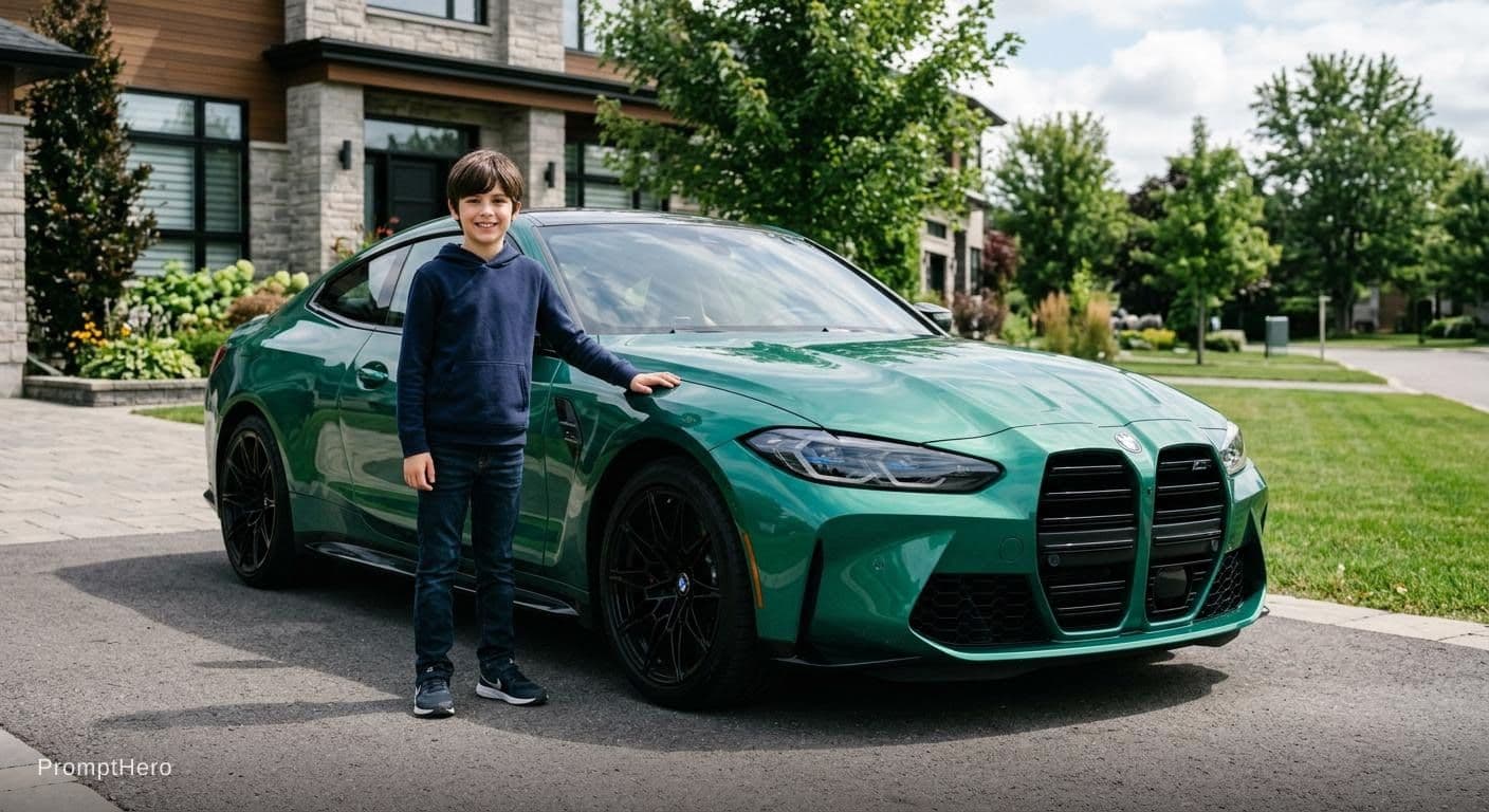 AI generated: A boy standing beside the bmw m4