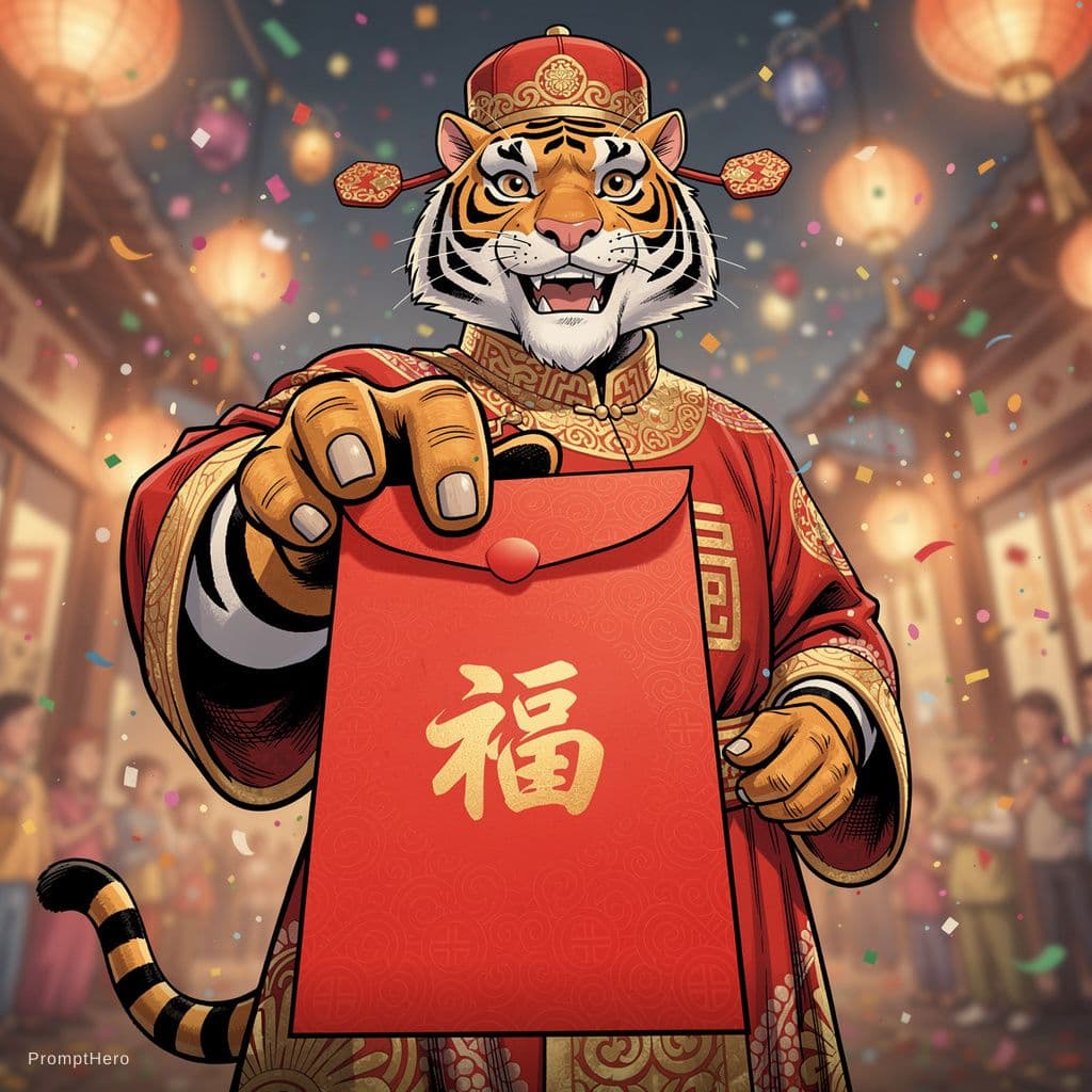 AI generated: Comic style, high detail, a festive humanoid tiger dressed in a red traditional Chinese official out...