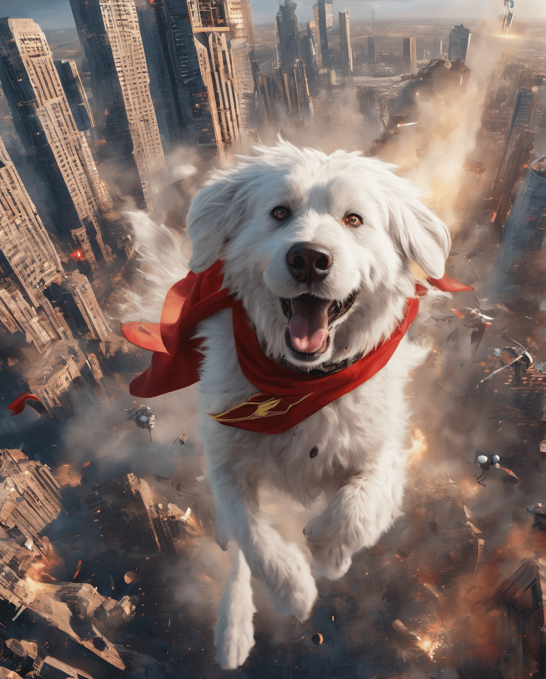 AI generated: texture Fluffy white dog as Krypto the Superdog flying above the buildings and chasing multiple flyi...
