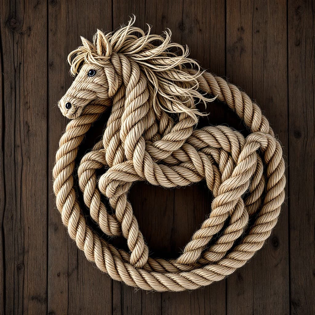 AI generated: A meticulously crafted nautical knot intricately shaped like a horse, made from thick, textured rope...