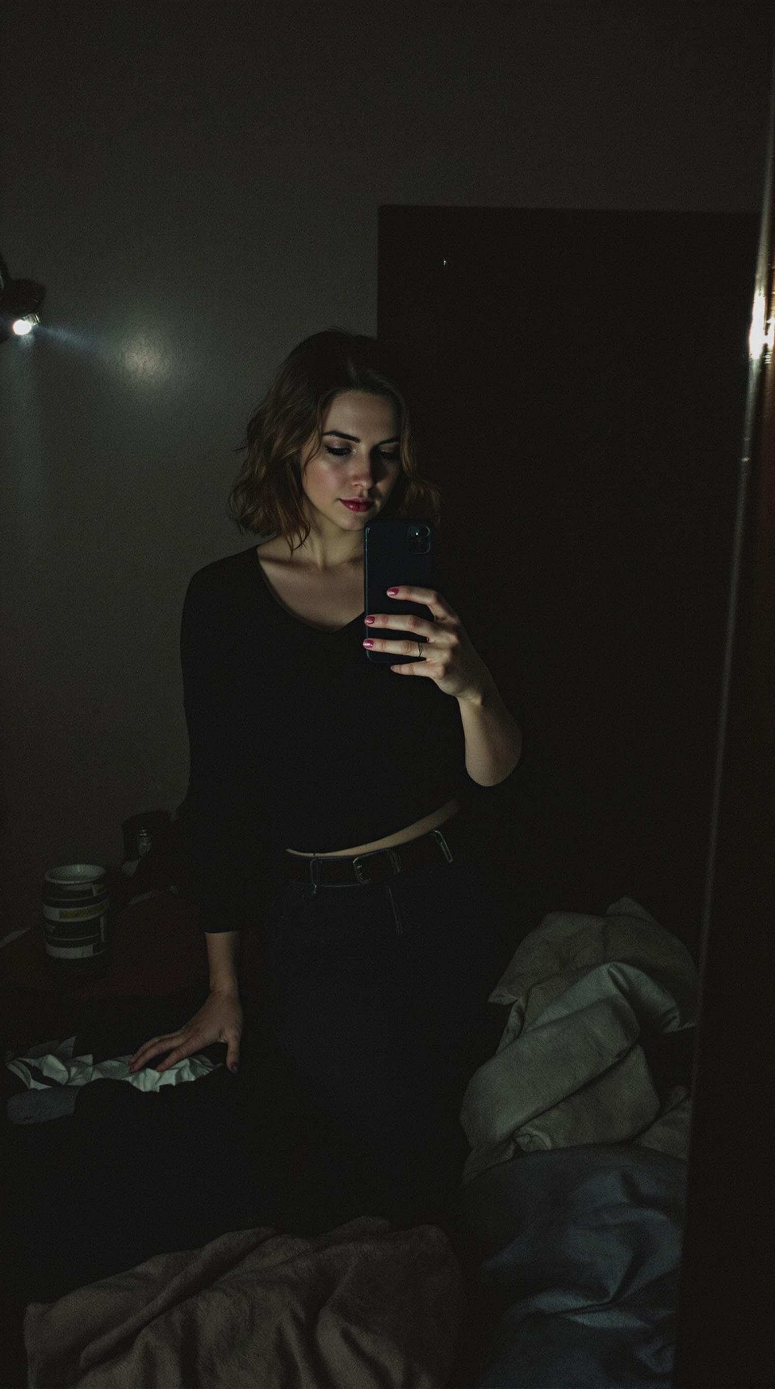 AI generated: A 30 year old polish woman, with bronze hair,  stands in front of a mirror, capturing a selfie. The ...