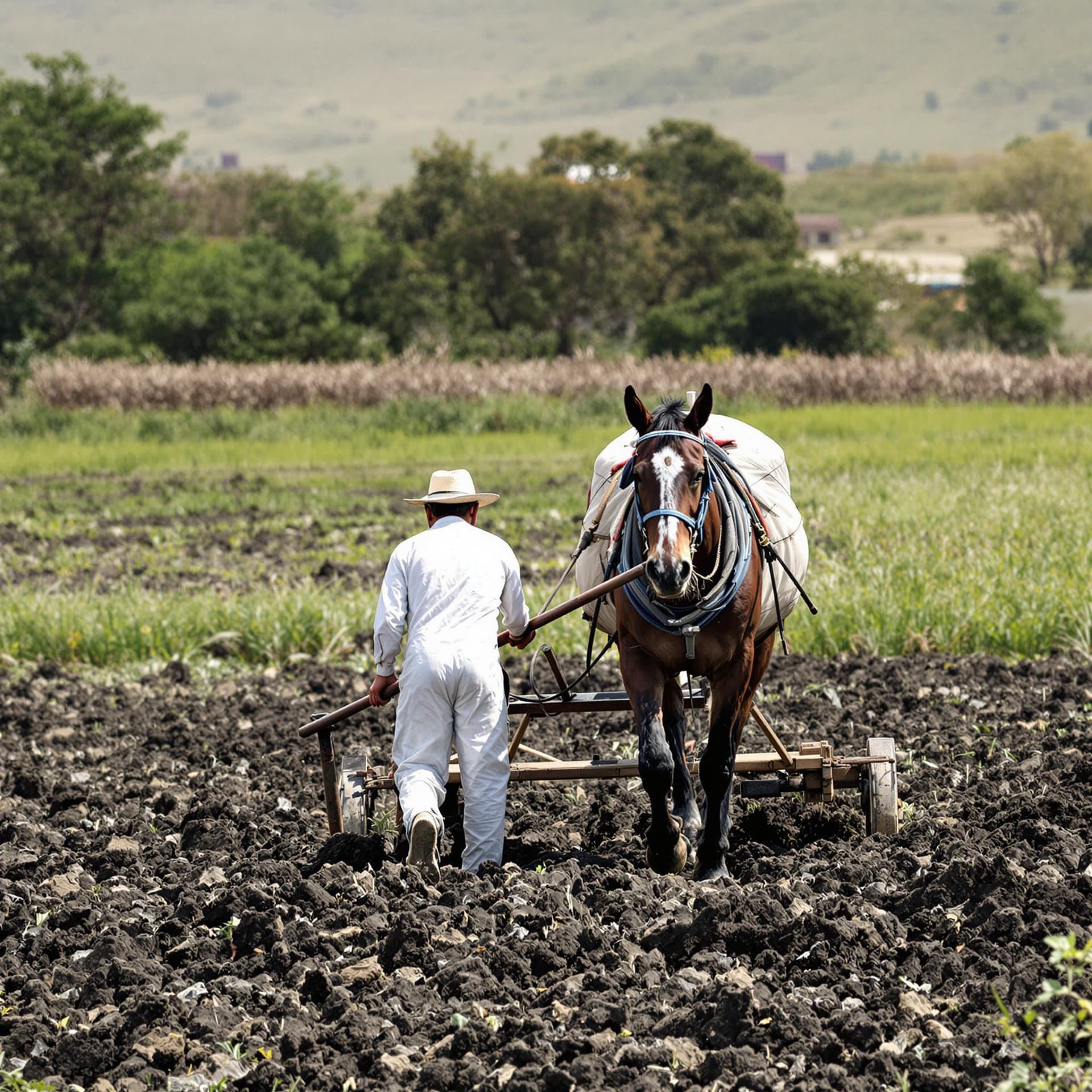 AI generated: In the photo, a white man follows a horse across a field, plowing the ground with a plow and looking...