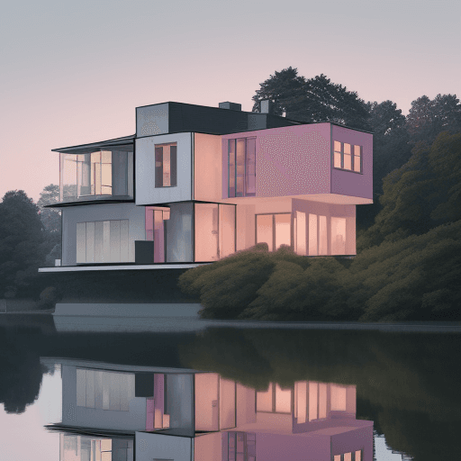 AI generated: small single-family house in Bauhaus style by the lake. View of the house from diagonally above, the...