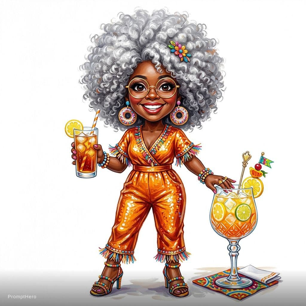 AI generated:  Cute caricature in glossy acrylic oil, Mary Engelbreit, full-bodyCartoon style of a cheerful black ...