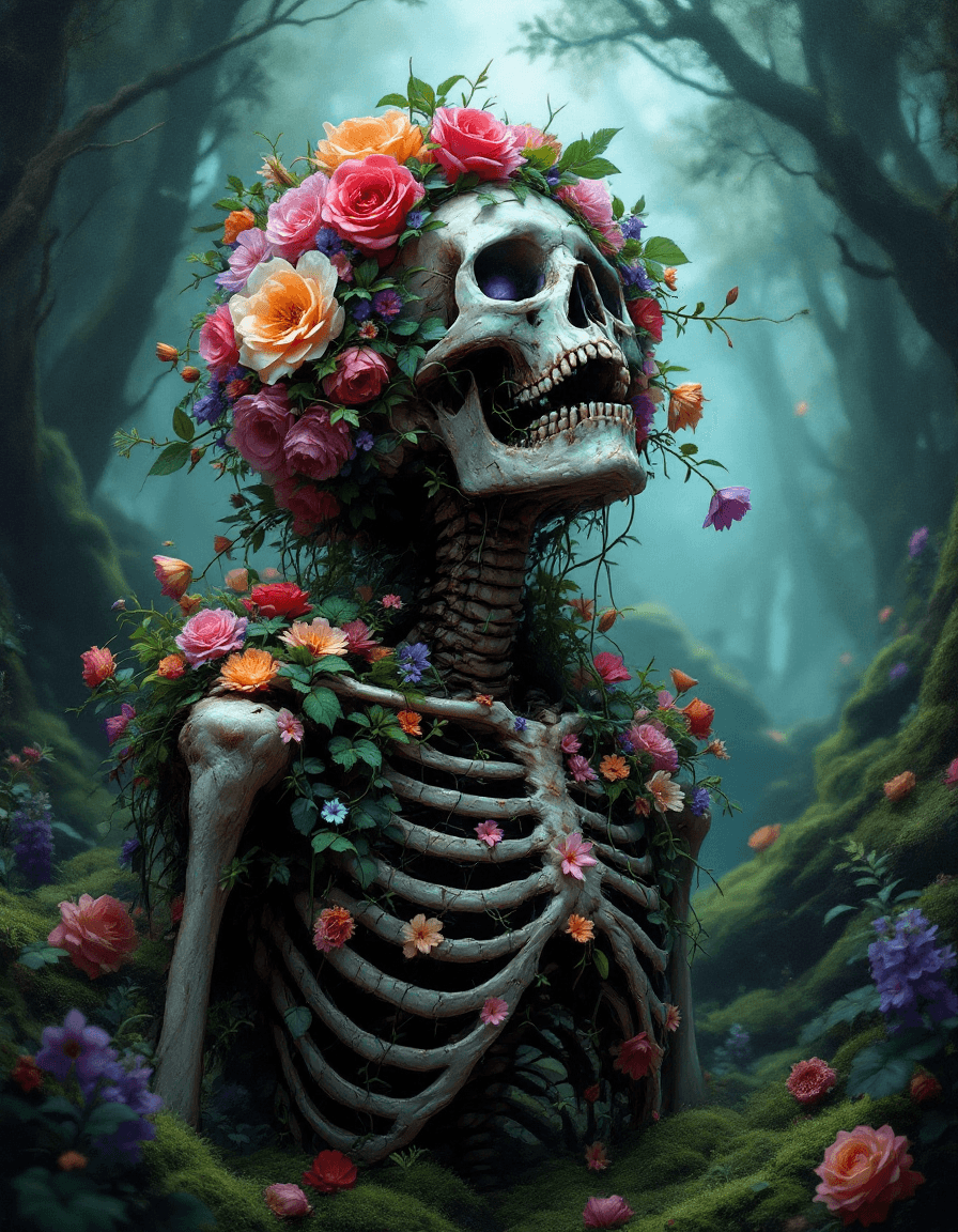 AI generated: A decayed skeleton enshrined in a surreal forest, its skull crowned with a blooming halo of vibrant ...