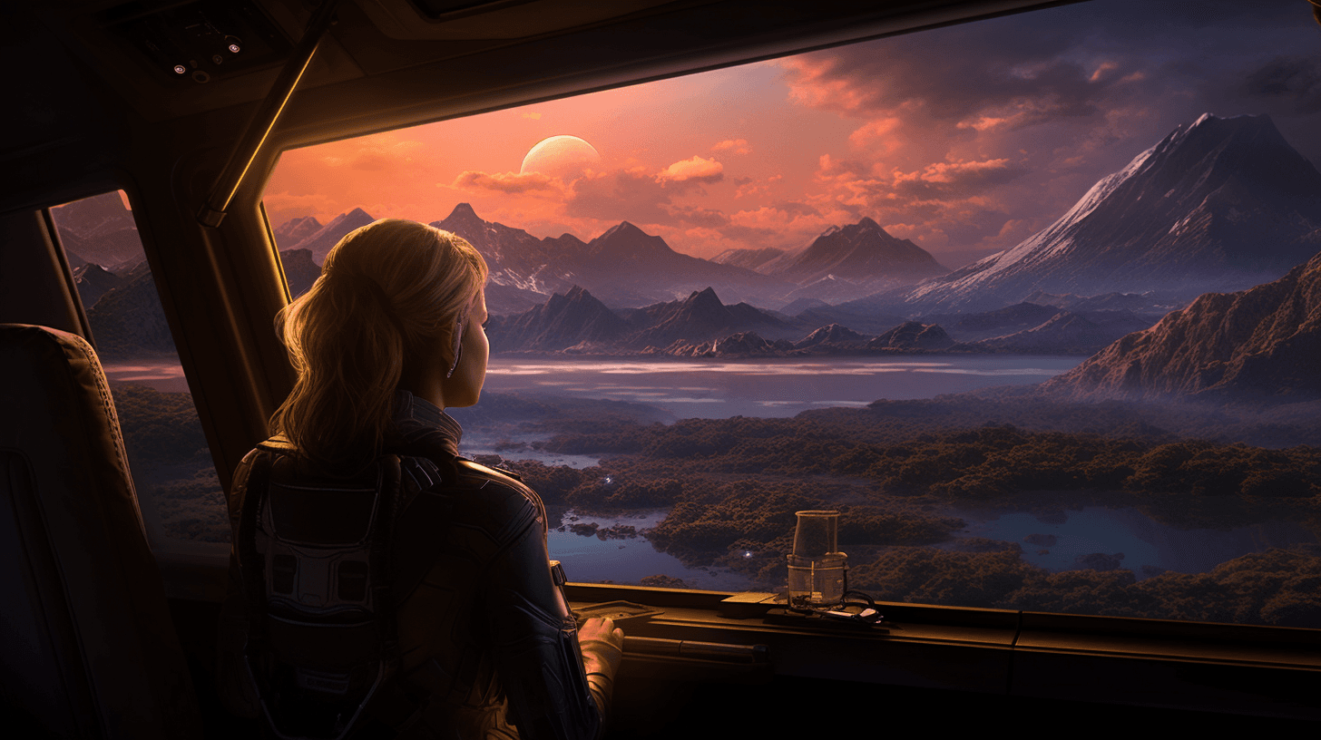 AI generated: Young female astronaut looking out window of rover on a distant planet to see a stunning sunrise, mo...