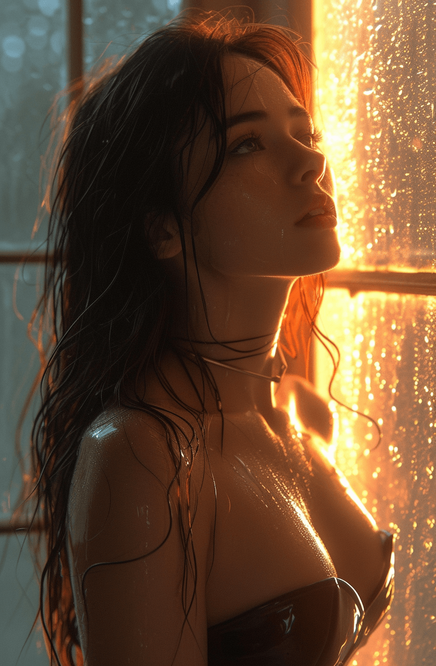 AI generated: a young woman dressed in latex looking at the light, in the style of sandara tang, smooth curves, da...