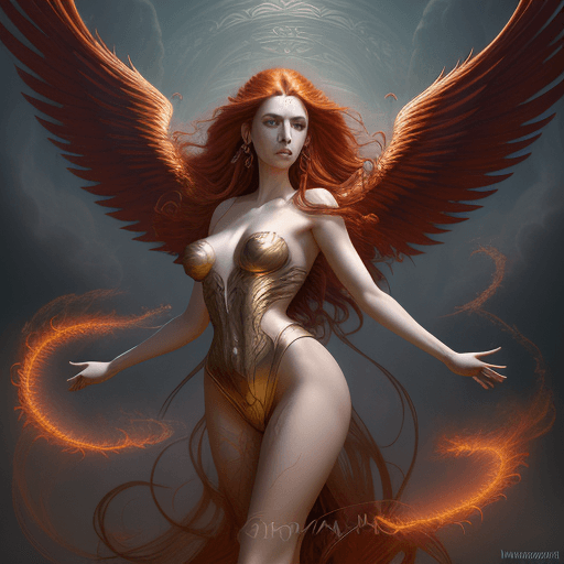AI generated: heavenly beautiful hyper realisticroyal Phoenix woman with long red windblown hair and scale wings, ...