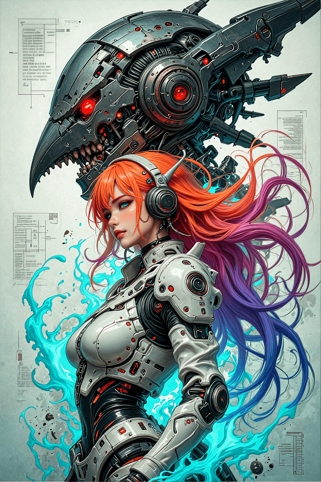 AI generated: A highly detailed, cinematic, semi-realistic digital illustration of a east asian cyberpunk heroine ...