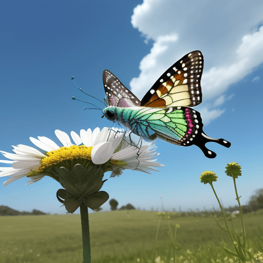 AI generated: una mariposa multicolor en un campo verde con un cielo azul y nubes blancas, el campo verde con flor...
