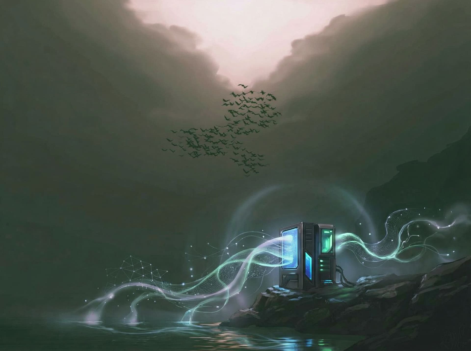 AI generated: add a computer with some mild agentic flows instead of the shiny bird