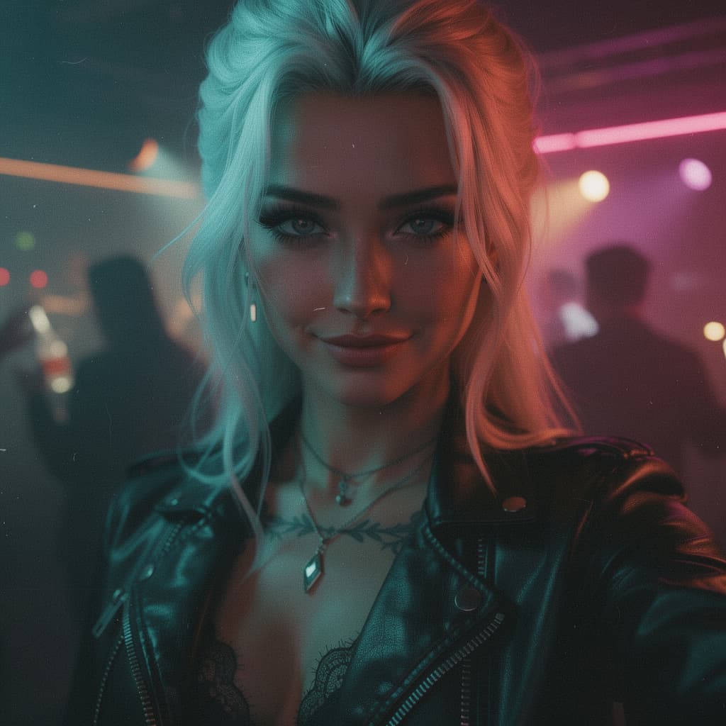 AI generated: A photorealistic selfie-style portrait of a mysterious 30-year-old woman with platinum blonde hair a...