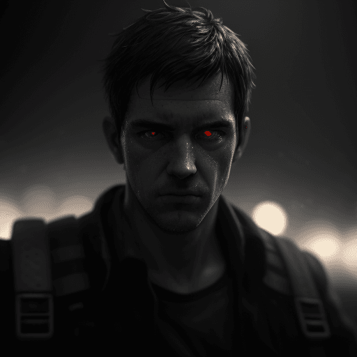 AI generated: sad guy risen from the ashes, sparks, 8k, hd, contour light, high contrast, depth of field, ultra de...