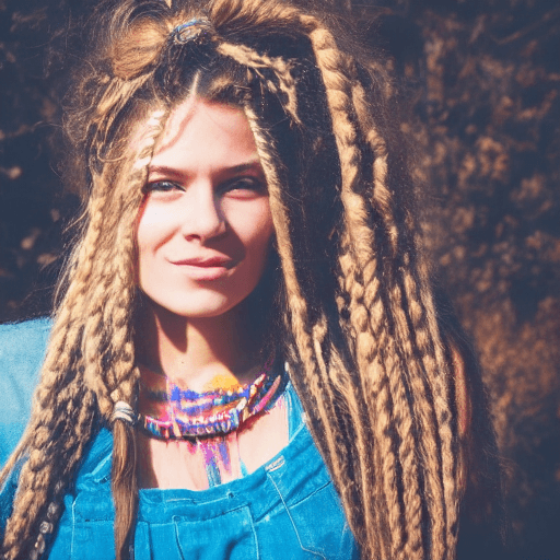 AI generated: A hippie woman with beautifully braided hair. naturally cute. portrait photo by the sea, dynamic pos...