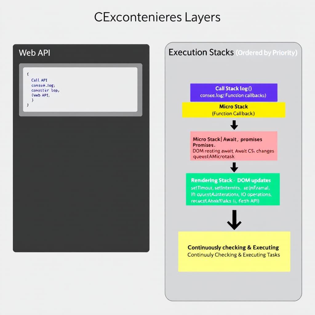 AI generated: An educational diagram illustrating the execution layers of the JavaScript engine.

Layout Details:
...