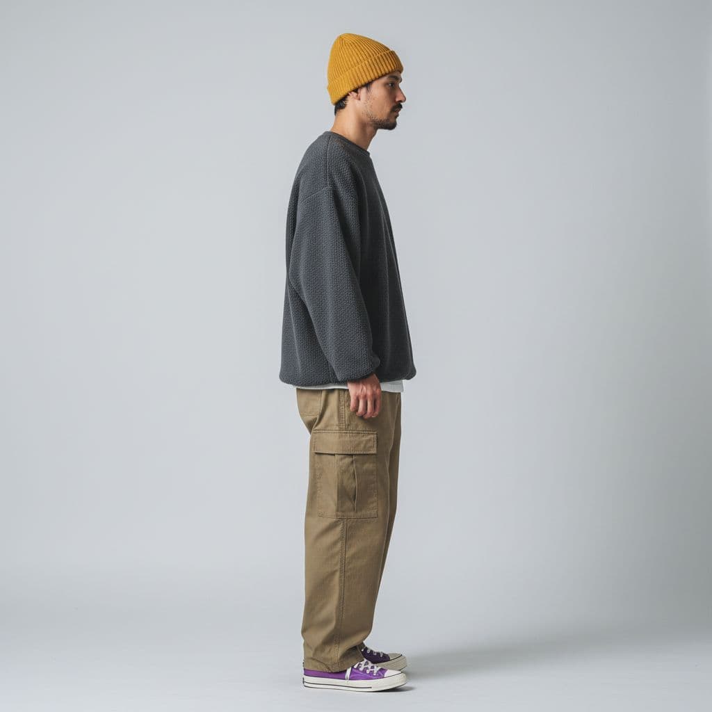 AI generated: streetwear fashion editorial, full-body, man in profile, wearing a mustard yellow color beanie hat, ...