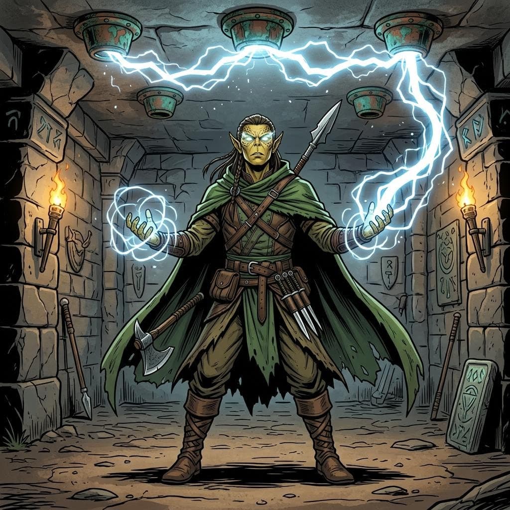 AI generated: a male githzerai ranger uses magic to bend and electrical current traveling from nodes on the ceilin...