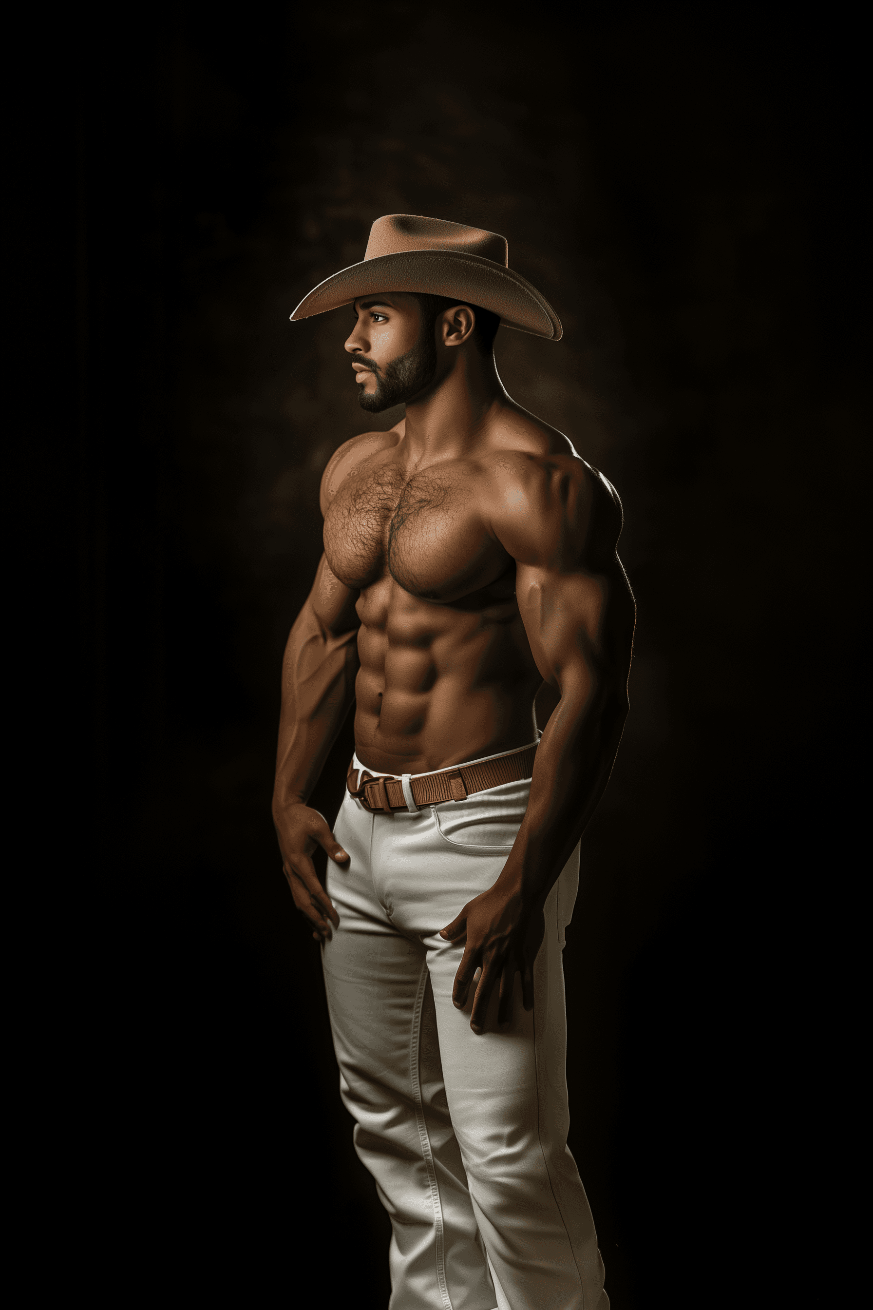 AI generated: A portrait of an attractive, muscular Middle Eastern man wearing a white tank top and cowboy hat, wi...