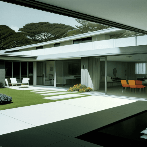 AI generated: Hyper realistic eye level exterior photo of a mid century modern style house overlooking the ocean, ...