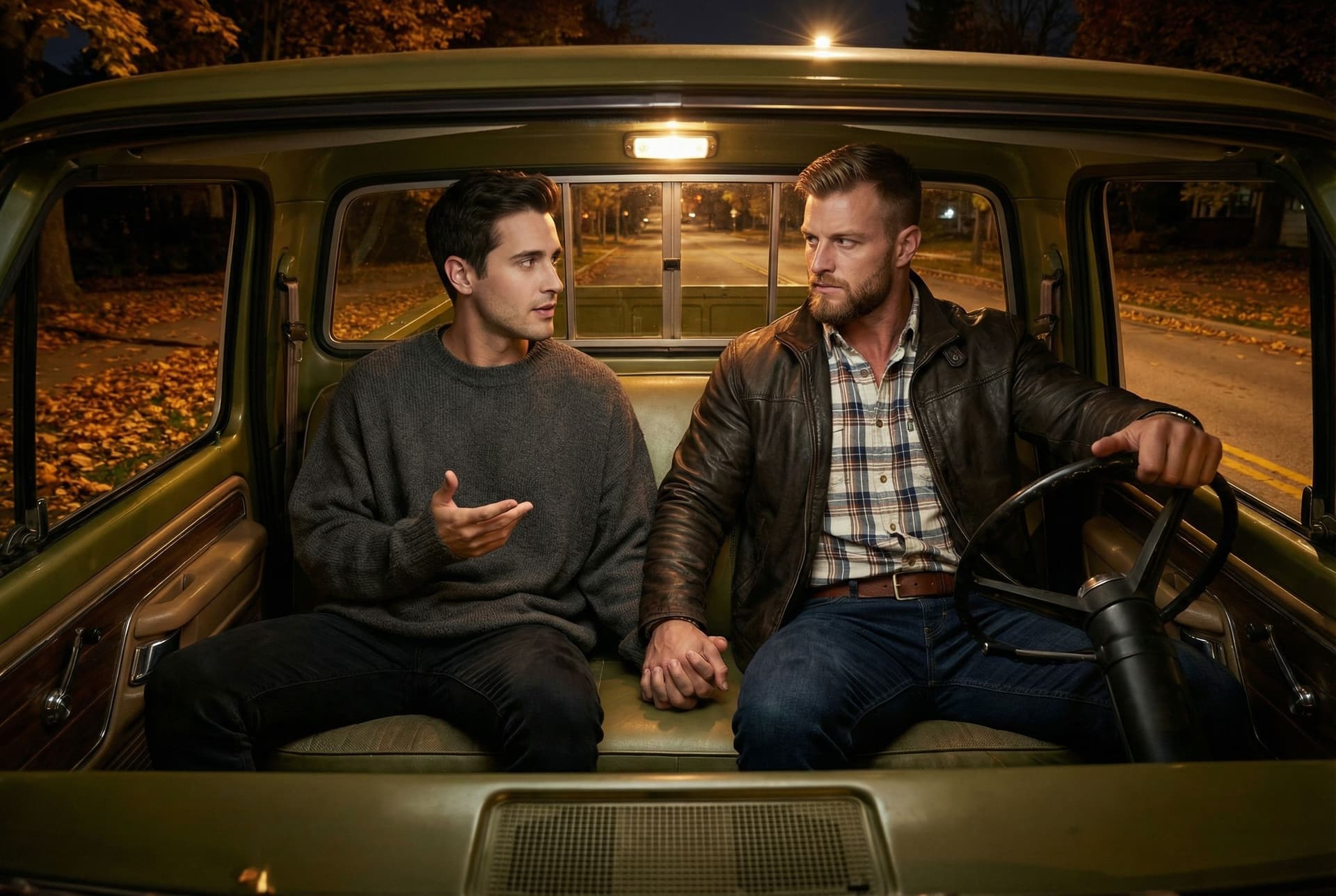 AI generated: In an Autumn night, the model is driving a Ford olive green pick up truck. 

He is driving the pick ...