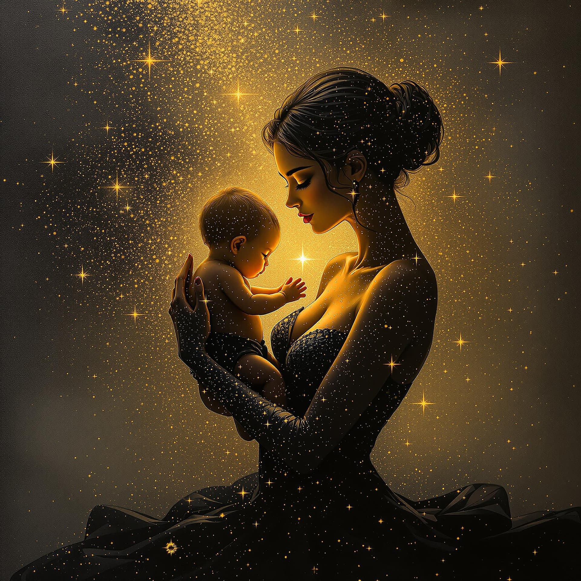 AI generated: Create an image A beautiful, pretty woman in a black dress, beauty strokes, holding a small baby to ...