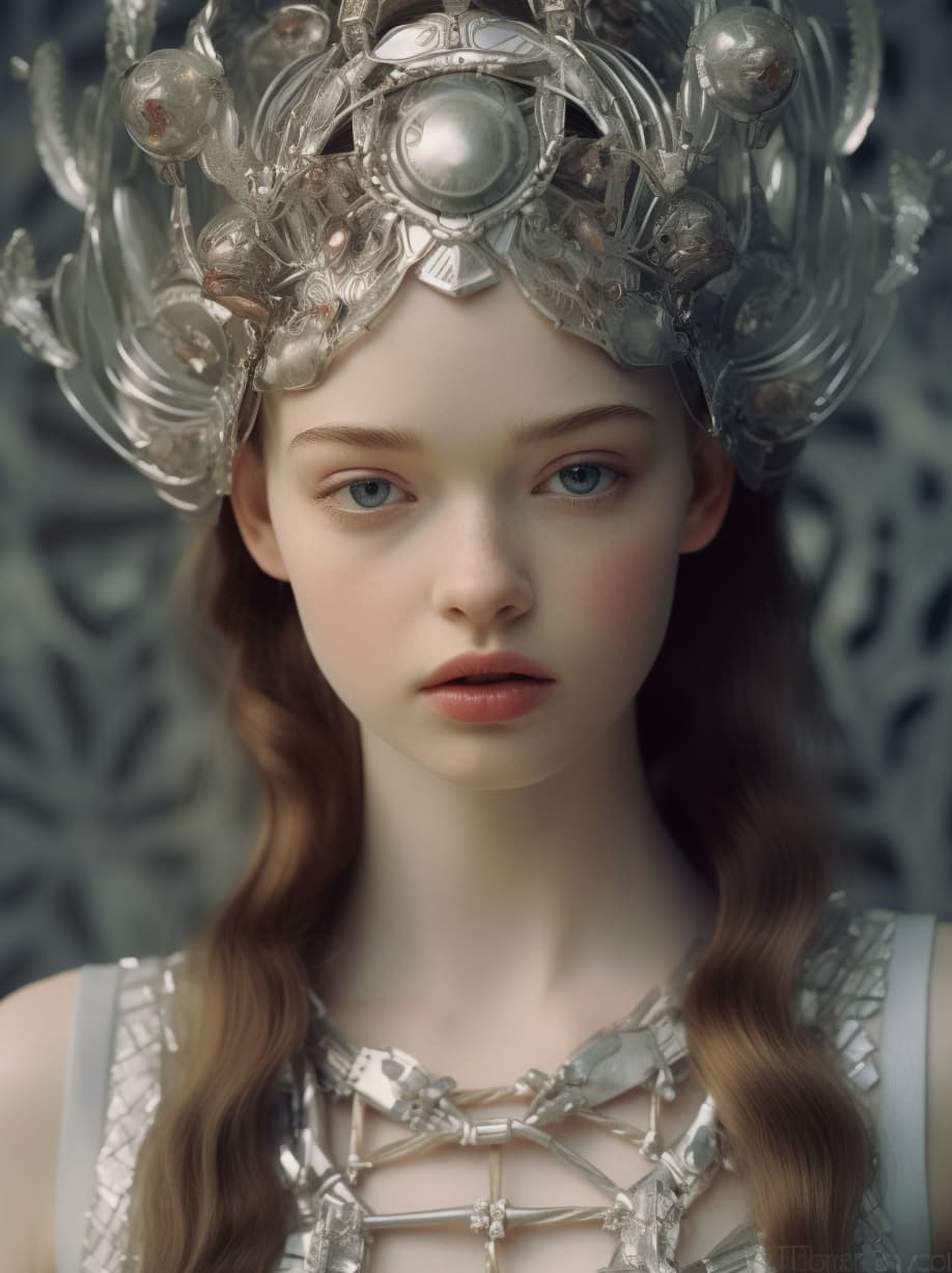 AI generated: a close up of a person wearing a silver dress, by Alexander McQueen, art nouveau, organic headpiece,...