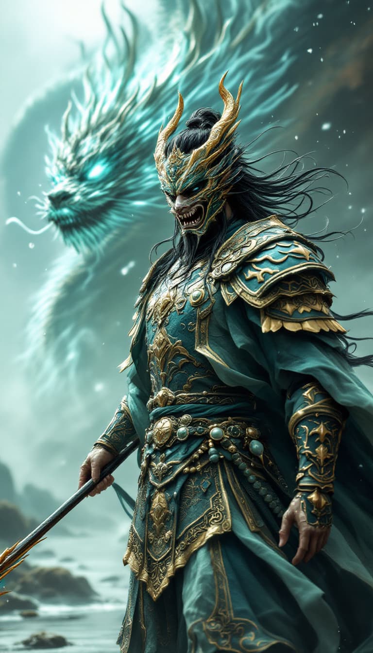 AI generated: An ultra-realistic, full-body portrait of a formidable warrior holding a spear in his hand and an in...