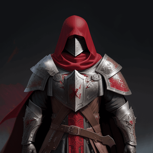 AI generated:  man cleric from the Middle Ages, with face covered by shade of dark-red hood, in scaled armour and ...