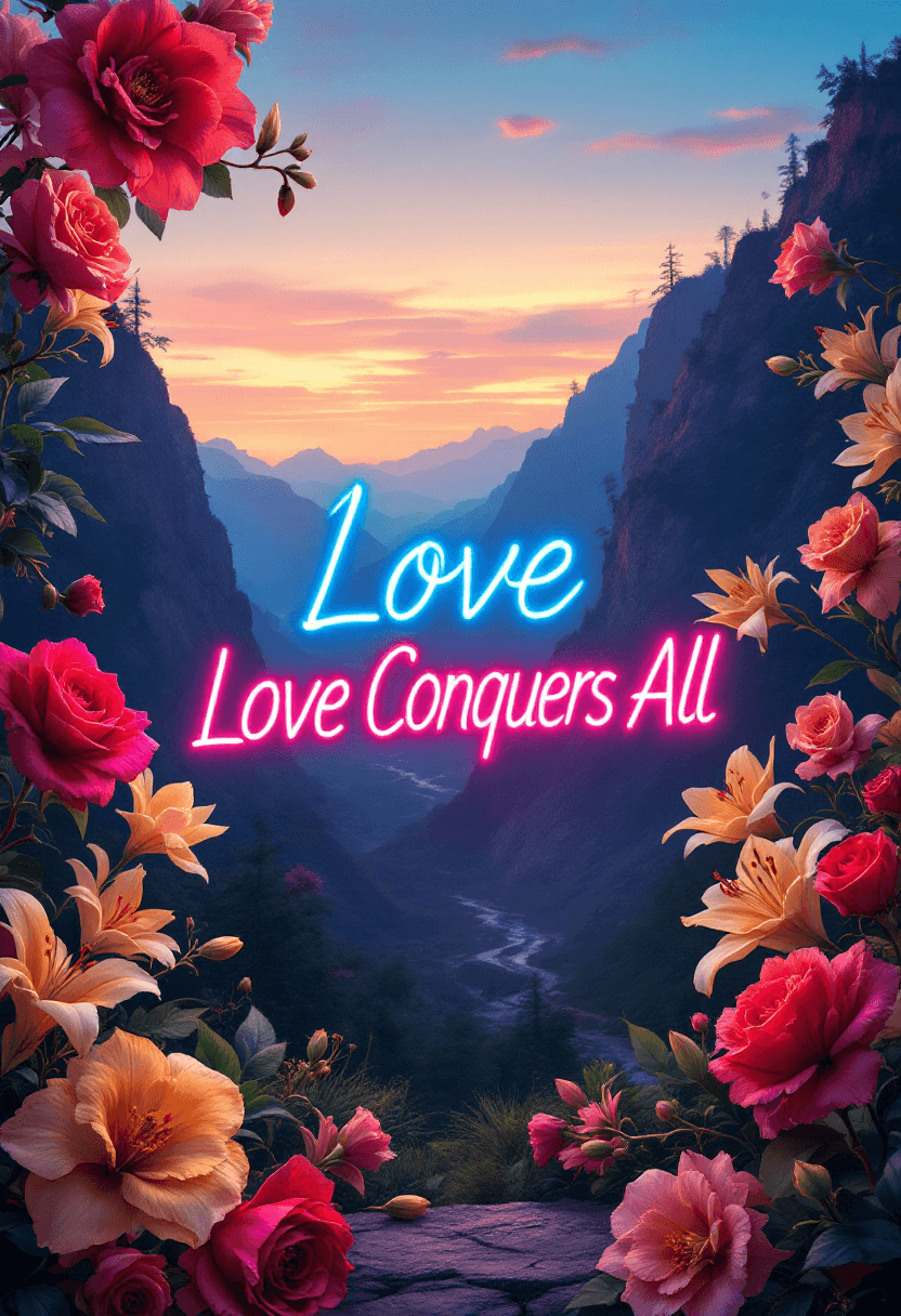 AI generated: Design an elegant composition featuring vibrant flowers, such as red and yellow roses, pastel orchid...