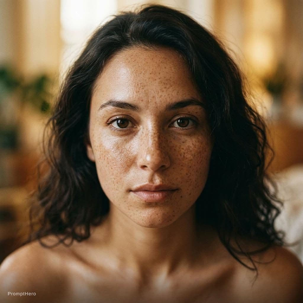 AI generated: A hyperrealistic photo of a woman with a captivating, mesmerizing stare, her freckled skin glowing u...